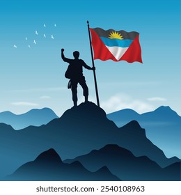 Antigua and Barbuda Flag raised on a mountain peak with clear sky in the background, vector illustration
