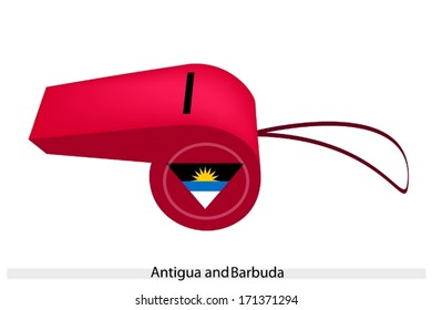 Antigua and Barbuda Flag of Red Color with Sun Down Over A New Era on A Whistle, The Sport Concept and Political Symbol. 