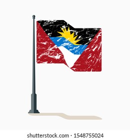 Antigua and Barbuda flag with scratches, vector flag of Antigua and Barbuda waving on flagpole with shadow.