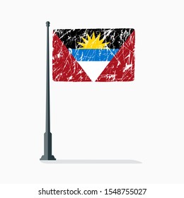 Antigua and Barbuda flag with scratches, vector flag of Antigua and Barbuda on flagpole with shadow.