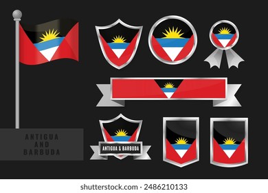 Antigua And Barbuda flag set. Collection of Antigua And Barbuda national emblems. Flat design of flags collection.