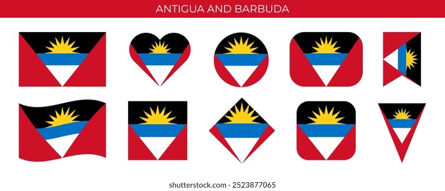 Bandeira de Antígua e Barbuda. Bandeira nacional em várias formas. Ilustração vetorial isolada no plano de fundo branco