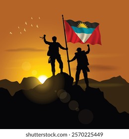 Antigua and Barbuda flag, silhouette of two climbers holding flags at sunset