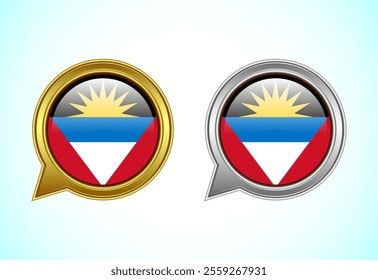 Antigua and Barbuda flag speech bubble. Speaking flag icon in gold and silver color