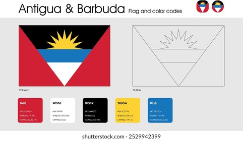 Antigua and Barbuda Flag version of colored, outline and icons