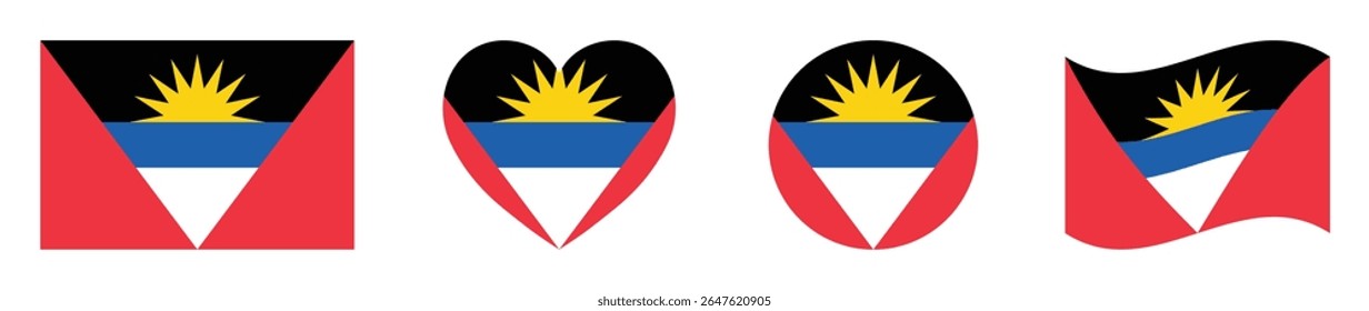Antigua and Barbuda flags set in square, heart, circle and waving formats designs element. Antigua and Barbuda flags collection. Set of Antigua and Barbuda flags icons isolated on white background.