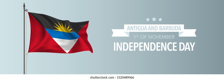 Antigua and Barbuda happy independence day greeting card, banner vector illustration. Antiguan national holiday 1st of November design element with waving flag on flagpole 