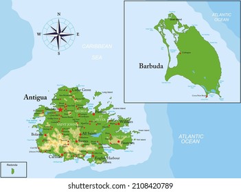 Antigua and Barbuda highly detailed physical map