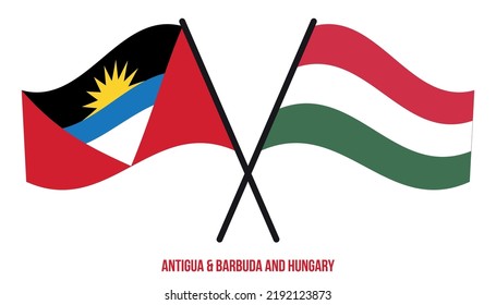 Antigua  Barbuda and Hungary Flags Crossed  Waving Flat Style. Official Proportion. Correct Colors.