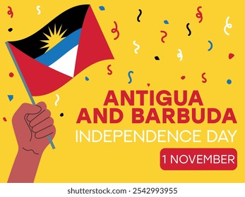 dia da independência de antígua e barbuda 1 de novembro, bandeira de antígua e barbuda em mãos. Cartão comemorativo, cartaz, modelo de banner	