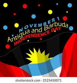 Antigua and Barbuda Independence Day celebrates on November 1st. Antigua and Barbuda flag flying with dots decoration on black background.