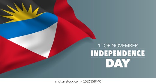 Antigua and Barbuda independence day greeting card, banner with template text vector illustration. Antiguan memorial holiday 1st of November design element with flag with stripes and sun 