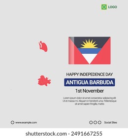 Antigua and Barbuda Independence Day Social Media Banner, Editable Vector Design with Map and Flag