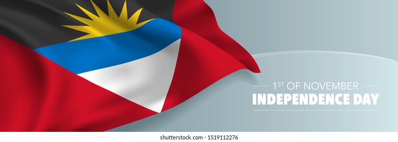 Antigua and Barbuda independence day vector banner, greeting card. Antiguan wavy flag in 1st of November national patriotic holiday horizontal design 