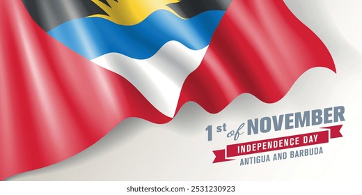 Antigua and Barbuda independence day vector banner, greeting card. Antiguan wavy flag in 1st of November national patriotic holiday horizontal design