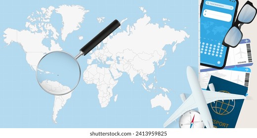 Antigua and Barbuda is magnified over a World Map, illustration with airplane, passport, boarding pass, compass and eyeglasses. Vector illustration.