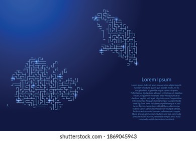 Antigua and Barbuda map from blue pattern of the maze grid and glowing space stars grid. Vector illustration.