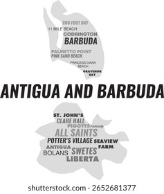 Mapa de Antígua e Barbuda com Nomes de Cidades - Tipografia Vetor Design, Vetor Editável e Imprimível