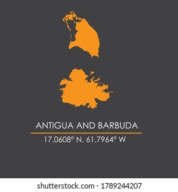 Antigua and Barbuda map with coordinates isolated in dark gray background