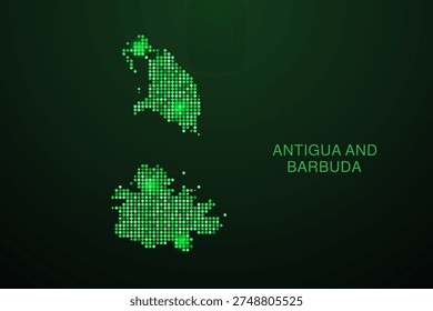 Antigua and Barbuda Map - Digital dotted map with glowing green points on dark background, modern technology style, abstract data network design, clean minimal geometric vector illustration.