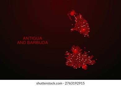 Antigua and Barbuda Map - Digital dotted map with glowing red points on dark background, modern technology style, abstract data network design, clean minimal vector illustration.