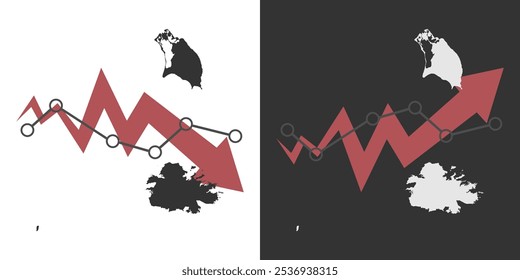 Mapa de Antígua e Barbuda com quadro de queda e recuperação, seta estatística. Ilustração vetorial.