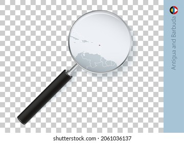 Antigua and Barbuda map with flag in magnifying glass on transparent background. Vector loupe with map.