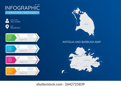 Mapa de Antígua e Barbuda com marcas de localização. Mapa de país altamente detalhado com divisão, cidades e capital modelo infográfico. Ilustração vetorial EPS10