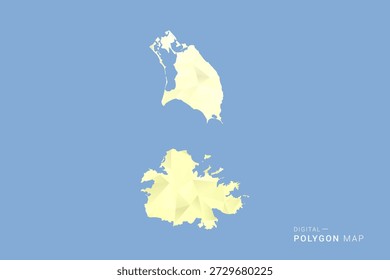 Antígua e Barbuda Mapa em estilo vetorial de polígono baixo, ilustração de forma geométrica com tons suaves amarelos no fundo azul, silhueta limpa para infográfico.