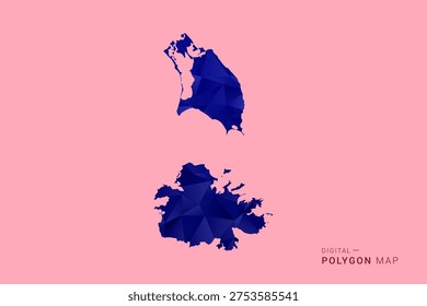 Antigua and Barbuda Map - Low poly polygon map in deep blue gradient on soft pink pastel background, modern minimal geometric design, clean digital vector illustration.
