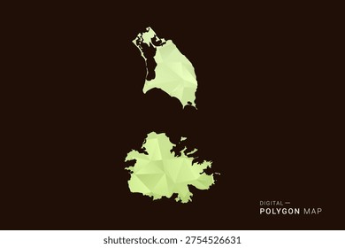 Antigua and Barbuda Map - Low poly polygon map in soft light green gradient on dark brown background, modern minimal geometric style, clean abstract vector illustration design.