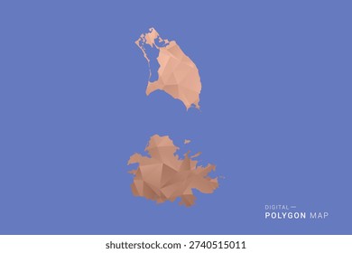 Antigua and Barbuda Map - Orange Polygon Vector Illustration on Deep Blue Background, Low Poly Geometric Design, Modern Abstract Country Silhouette for Infographics and Presentation Use.