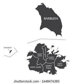 Antigua and Barbuda map with parishes and labels black