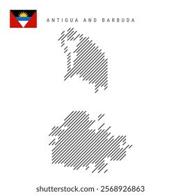 Antigua and Barbuda map from pattern of black slanted parallel lines. Antiguan map with gray diagonal lines. Silhouette of a country made of oblique hatching. Vector illustration isolated on white.