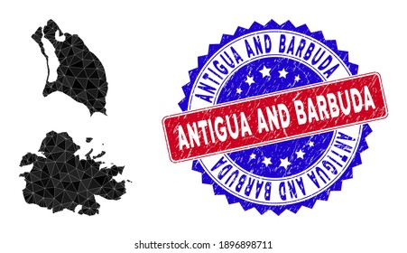 Antigua and Barbuda map polygonal mesh with filled triangles, and textured bicolor stamp. Triangle mosaic Antigua and Barbuda map with mesh vector model, triangles have different sizes, and positions,