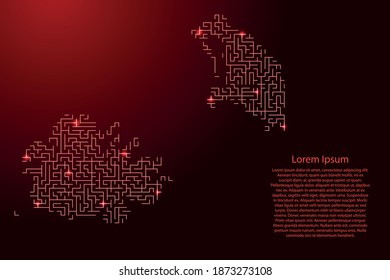 Antigua and Barbuda map from red pattern of the maze grid and glowing space stars grid. Vector illustration.