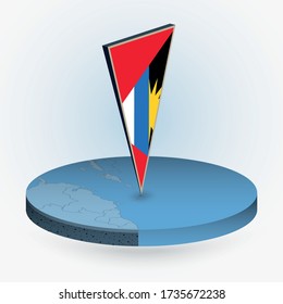 Antigua and Barbuda map in round isometric style with triangular 3D flag of Antigua and Barbuda, vector map in blue color. 