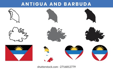 Antígua e Barbuda mapa vetor com ilhas e conjunto de bandeira nacional