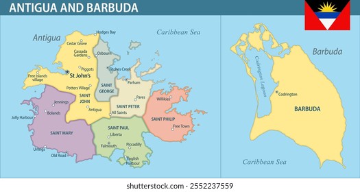 Antígua e Barbuda Mapa Vetor Novo 2024 Colorido - Personalizável em camadas mapa político de Antígua e Barbuda com divisões administrativas para site, educação, relatórios, notícias, política, imprimir