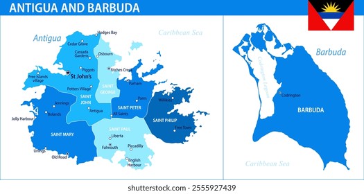 Antigua and Barbuda Map Vector New Blue Spot  - Customizable layered political map of Antigua and Barbuda with administrative divisions for website, education, reports, news, politics, print