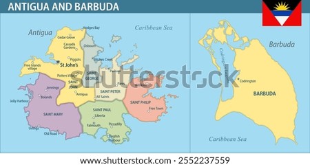 Antigua and Barbuda Map Vector New 2024 Colorful  - Customizable layered political map of Antigua and Barbuda with administrative divisions for website, education, reports, news, politics, print