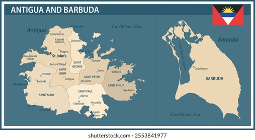 Antigua and Barbuda Map Vector Vintage Dark Blue Beige  - Customizable layered political map of Antigua and Barbuda with administrative divisions for website, education, reports, news, politics, print