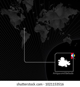 Antigua and Barbuda on black World Map. Map and flag of Antigua and Barbuda.
