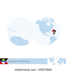 Antigua and Barbuda on world globe with flag and regional map of Antigua and Barbuda. Vector Illustration.