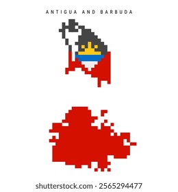 Antigua and Barbuda pixel flag map icon. 8 bit pixel art Antiguan Barbudan map covered with flag. Flat vector illustration isolated on white background.