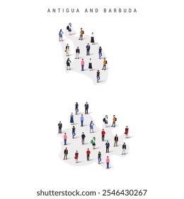 Antigua and Barbuda population map. Large group of realistic a diverse crowd of people figures in a shape of Antiguan Barbudan map. Flat vector illustration isolated on white.