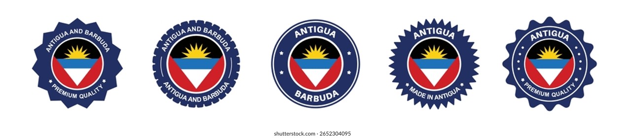 Conjunto de etiquetas de produto Antígua e Barbuda. Bandeira de Antígua e Barbuda, prêmio feito em Antígua e Barbuda. Etiquetas, selos, carimbos, bandeiras, ícones.