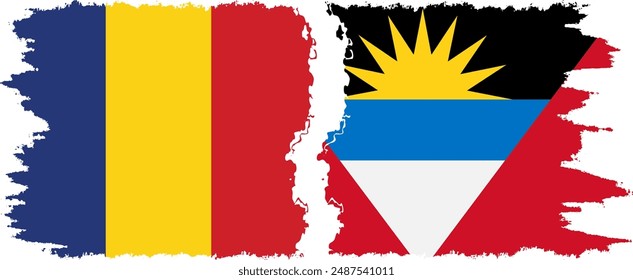 Antigua and Barbuda and Romania grunge flags connection, vector