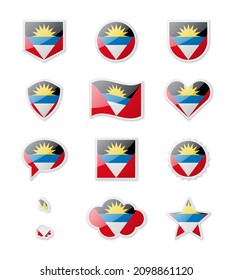 Antigua and Barbuda - set of country flags in the form of stickers of various shapes. Vector illustration