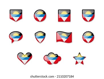 Antigua und Barbuda - eine Reihe glänzender Flaggen verschiedener Formen. Vektorgrafik